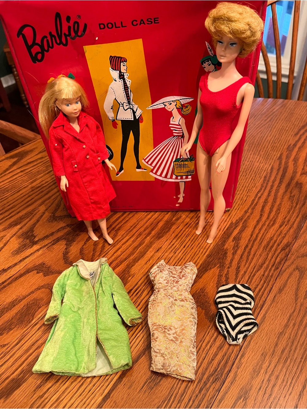 1960’s Barbie Bubble Cut, Skipper, Red Wardrobe Case and Clothes